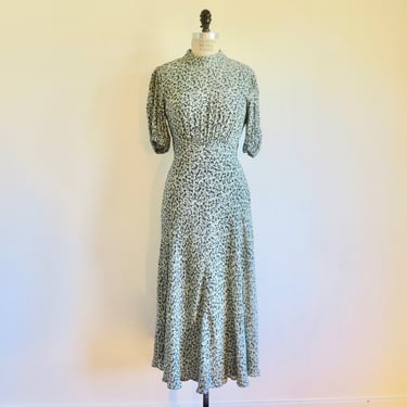 1930's Style Mint Green and Black Rayon Print Bias Cut Day Dress Mock Neck Ruching Art Deco Style Midi Length Size Small Ghost London 