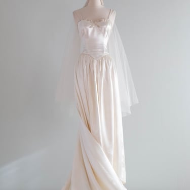 Xtabay Bespoke Vintage Slipper Satin Wedding Gown With Pearls & Long Train / M