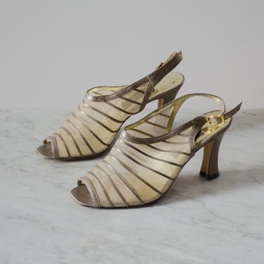 nude mesh heels | 80s 90s vintage Sesto Meucci bronze gold leather peep toe high heel slingback sandals size 9 