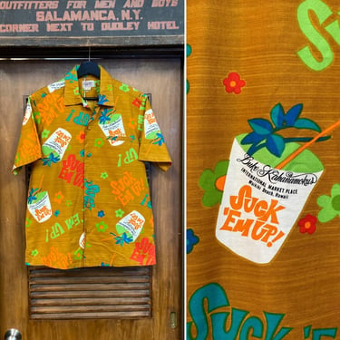 Vintage 1960’s Pop Art Duke Kahanamoku “Suck ‘Em Up” Cotton Tiki Loop Collar Hawaiian Shirt, 60’s Vintage Clothing 