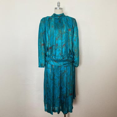 1980s Rare Plus Size Silk Chiffon Blouse & Skirt Set, Large to Extra Large | 80s Vintage Paisley Turquoise and Gold Dress (L, XL, 56-42-51) 