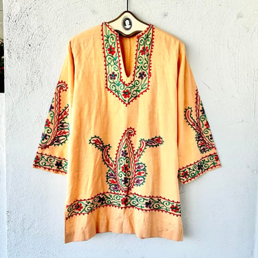 Vintage 70s Bell Sleeves Indian Hippie Boho Dress 1970s Embroidered Tunic Beach Swimsuit Cover Up 