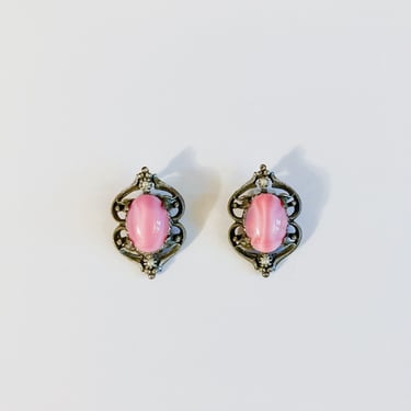 80s Pink Oval Stone and Gunmetal Silver Filigree Clip on Earrings 