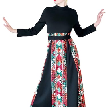 Vintage 70s Black Maxi Dress Colorful Skirt Embroidery Cleopatra Broumand AS IS 