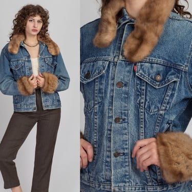 Vintage Levis Mink Fur Trim Denim Jacket - Small | 80s Unisex Jean Trucker Jacket 