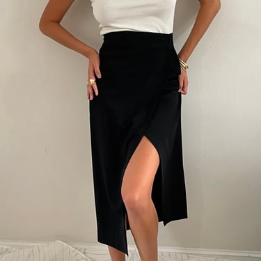 90s wrap midi skirt / vintage black crepe front wrap around midi wiggle skirt | 27” waist 