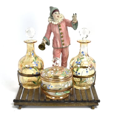 Antique Figural Metal Pierrot Ringing Bell Enameled Glass Dresser Bottle Set 