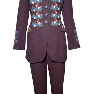 Moschino Couture Y2K Floral Embroidered Burgundy Wool Pants Suit