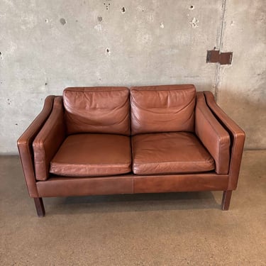 Mid Century Modern Danish Brown Leather Loveseat Couch