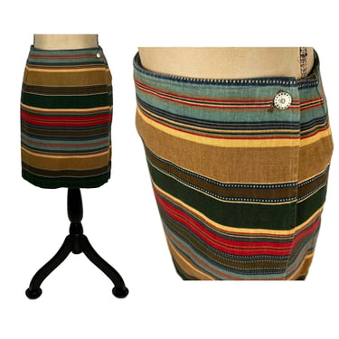 90s Southwestern Stripe Wrap Skirt Large, Desert Earth Tone Cotton Pencil Midi Skirt, 1990s Clothes Women Vintage JONES NEW YORK Size 14 