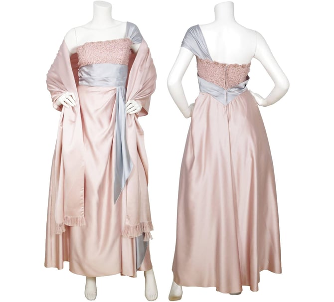 1950s Vintage Glamorous Pink & Blue Satin Sequin Gown with Shawl Sz XS S 