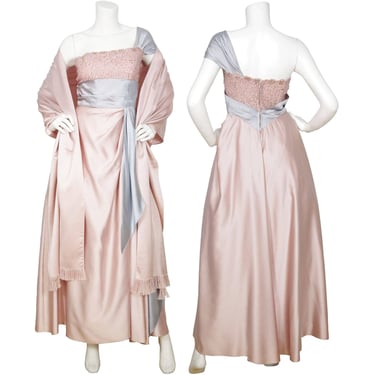 1950s Vintage Glamorous Pink & Blue Satin Sequin Gown with Shawl Sz XS S 