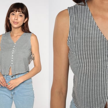 Gingham Tank Top Y2K Button up Top Black White Checkered Crop Top Sleeveless Shirt Cropped Blouse Summer Front Slit Retro Vintage 00s Small 