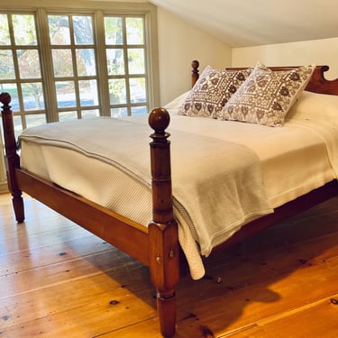 Ball Top Bed in Maple. Original Posts ~ Circa 1830, Resized to King with Chamfered Roll-Back, Ram's Ear Headboard