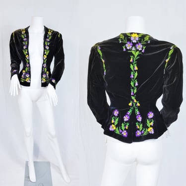 Victorian Pansy  Embroidered Floral Black Velvet Top I Shirt I Jacket I Sz XS 