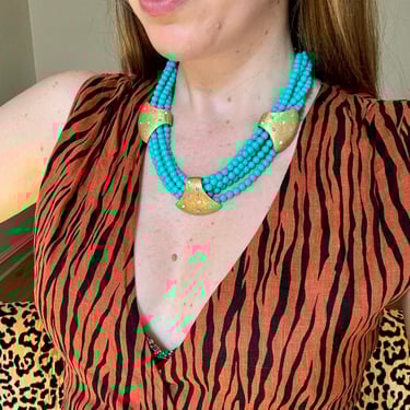 60s Multi Strand Turquoise Bead Gold Statement Necklace