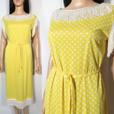 Vintage 60s Yellow Polka Dot Fringe Flapper Costume Dress Size L/XL 
