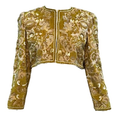 Bill Blass 80s Golden Cropped Evening Jacket with Extravagant Embellishments
