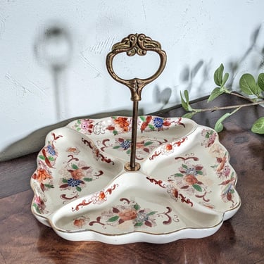 Vintage Japanese Painted Porcelain and Brass Serving Tray Jewelry Tray Catchall Dish 