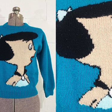 Vintage Betty Rubble Long Sleeve Sweater Crew Neck Jumper Pullover Teal Blue Red White Black Unisex Medium Small 1970s 