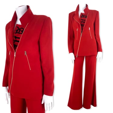 JC De CASTELBAJAC bell bottom suit 6, vintage red 90s 2000s vampire suit, AURORE pants suit, designer goth jacket blazer sz 40 