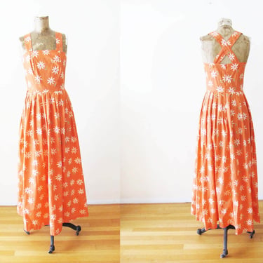 90s Laura Ashley Orange Floral Maxi Dress Small 6 - Vintage 1990s Long Daisy Print Convertible X Back Spaghetti Strap Summer Dress 