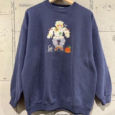 Vintage 90s Halloween crewneck Sweater  Fall Outdoors Autumn Cute Scarecrow and pumpkins Black cat 