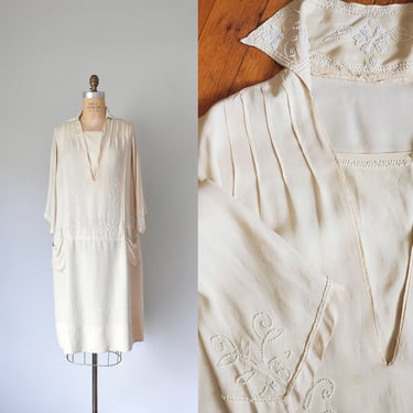 Emma cream silk 1920s dress, plus size flapper dress, long sleeve roaring 20s dress, edwardian silk dress 