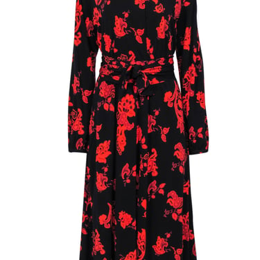 Tory Burch - Black & Red Floral Maxi Dress w/ Neckline Bow Sz M