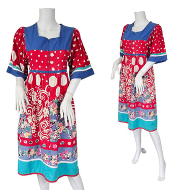 Appel 1980's Red Blue Polka Dot Mixed Print Cotton Muumuu Dress I Sz Lrg 