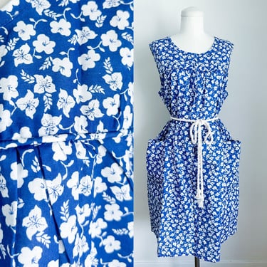 Vintage 1980s Deadstock Floral House Dress / XL (Blue & White) 