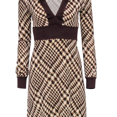 Diane Von Furstenberg - Brown Plaid Silk Long Sleeve Dress Sz 4