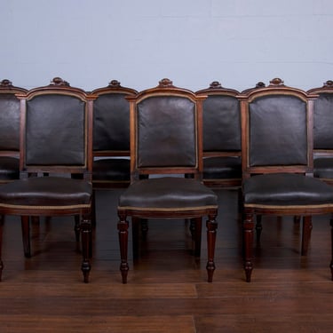 Early 19th Century French Napoleon III Walnut Dining Chairs W/ Dark Brown Leather - Set of 12 