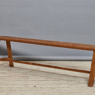 Flat Top Teak Dutch Colonial Bench with Stretcher Base from Java