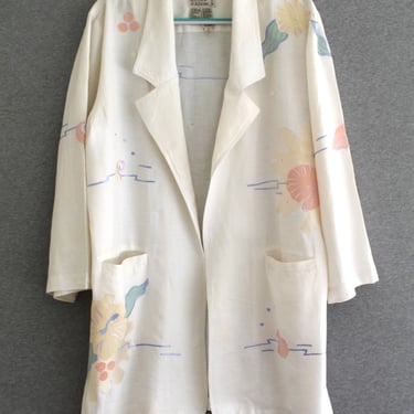 1980s - Linen - Oversized Blazer - Sea Shell Applique - Oversized - Marked size 8 - by Mercedes and Adrienne 