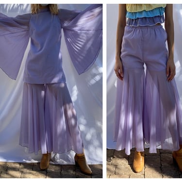 1960's Dream Suit / Purple Fan Modern Chiffon Mini Dress and Slacks Set / Sixties Mod Pant Suit and Mini Skirt Set / Twiggy London Style 