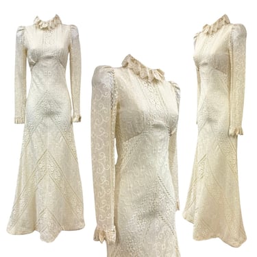 Vtg 70s Joy Stevens Ivory Lace Victorian Revival High Neck Bridal Gown Maxi 