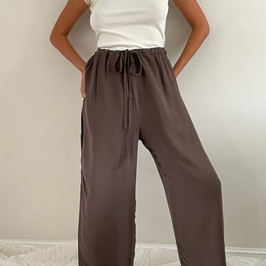 90s silk drawstring wide leg pants / vintage cocoa brown silk chiffon wide leg drawstring pants | L XL 