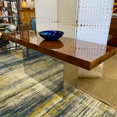 Burl wood Top w/ Reflective Silver Base Entry or Sofa Table design by Milo Baughman