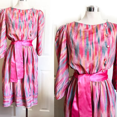 1980's Pink Sash Dress, Vintage Stripes New Wave Shirt Dress Summer Dress, Day Dress 