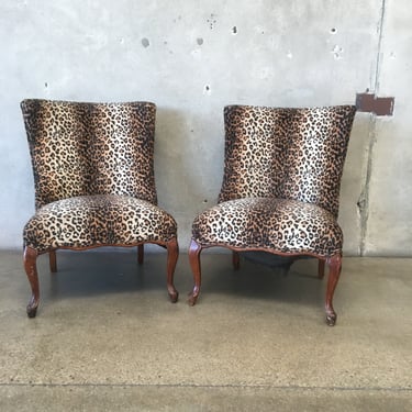 Pair of Vintage Slipper Side Chairs in Faux Leopard Fur