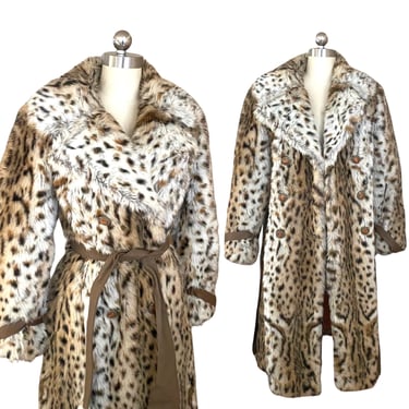 70s leopard print fur coat, vintage disco era faux fur trench, plush vegan fake fur womens size 8 