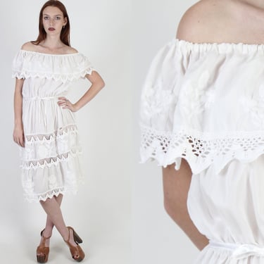 Off The Shoulder White Mexican Dress / Vintage Single Color Floral Embroidery / Womens Ethnic Wedding Mexico Sheer Party Midi Dress 