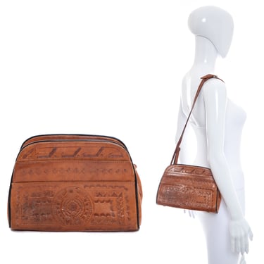 1970's Brown Tooled Leather Shoulder Bag