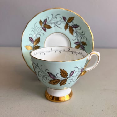 Vintage Tuscan Bone China Robins Egg Blue With Gold and Purple Leaves 