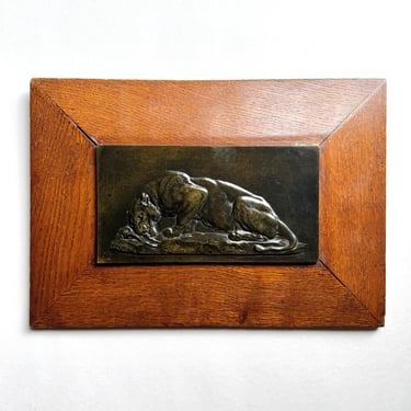 Antique Charles Valton Framed Bronze Bas Relief Plaque of Lioness Eating, Rare 