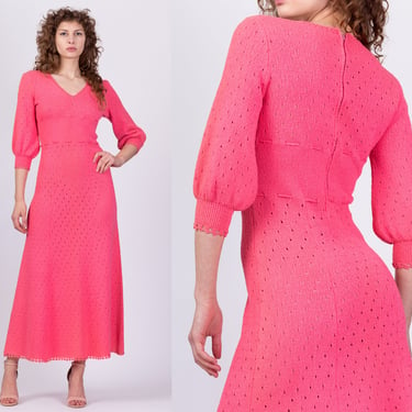 Medium 70s Pink Eyelet Knit Maxi Dress | Vintage Balloon Sleeve V Neck Boho A Line Dress 