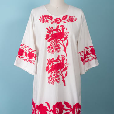 1970s Mexican White Cotton Long Sleeve Dress with Red Flora and Fauna Embroidery 