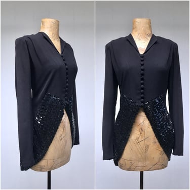 Vintage 1940s Black Rayon Crepe Sequined Blouse, 40s Dramatic Long Sleeve Cutaway Cocktail Top, Formal Evening Wear, Medium 40