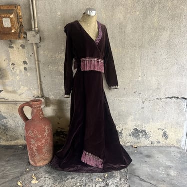 Antique Edwardian Purple Velvet Dress Piano Shawl Fringe Tassels Lace Vintage